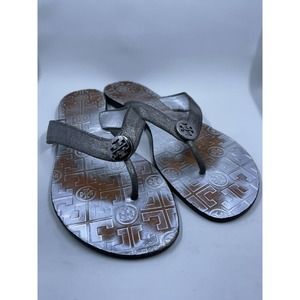 Tory Burch Thora Silver Sparkle Brow Metallic Logo Thong Sandals Women's Size 11